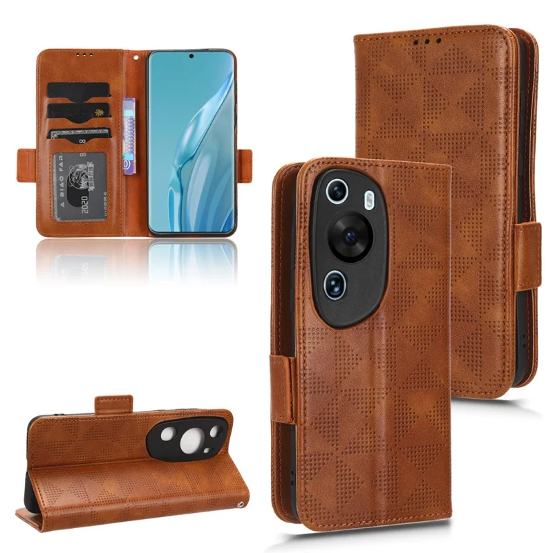 For Huawei P60 Art PU Leather+TPU Mobile Phone Case Imprinted Triangle Stand Wallet Shell - Brown