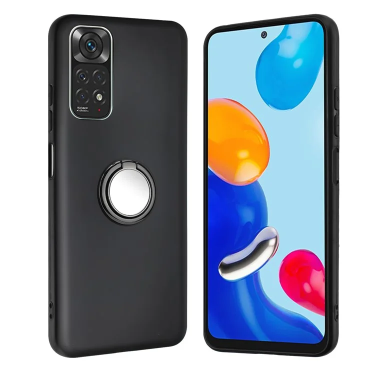 For Xiaomi Redmi Note 11S 4G / Note 11 4G (Qualcomm) Matte TPU Phone Case Ring Kickstand Cover Works for Magnetic Car Mount - Black