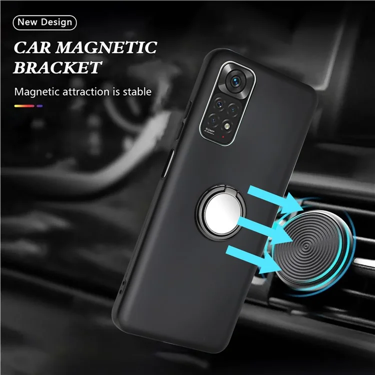 For Xiaomi Redmi Note 11S 4G / Note 11 4G (Qualcomm) Matte TPU Phone Case Ring Kickstand Cover Works for Magnetic Car Mount - Black