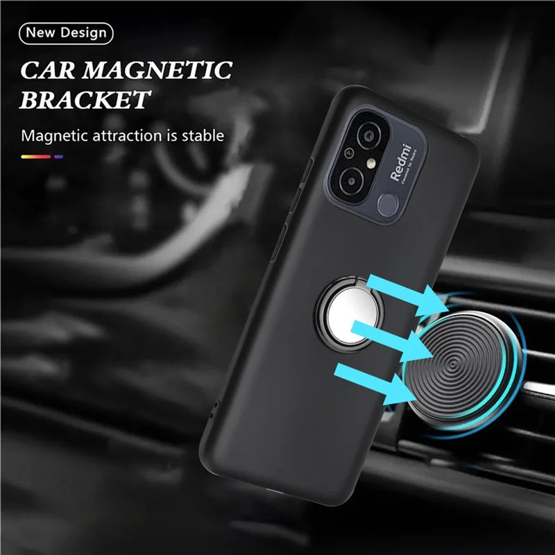 Phone Case for Xiaomi Redmi 11A 4G / 12C 4G TPU Matte Cover with Rotary Ring Kickstand - Black