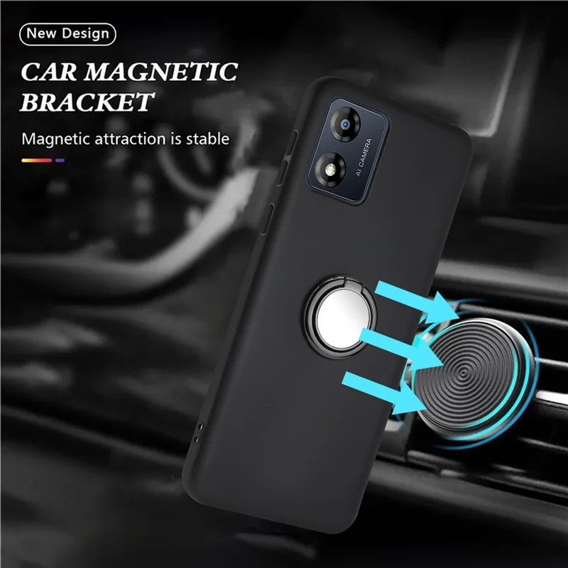 Matte TPU Phone Case for Motorola Moto E13 4G Support Car Magnet Mount Ring Kickstand Cover - Black