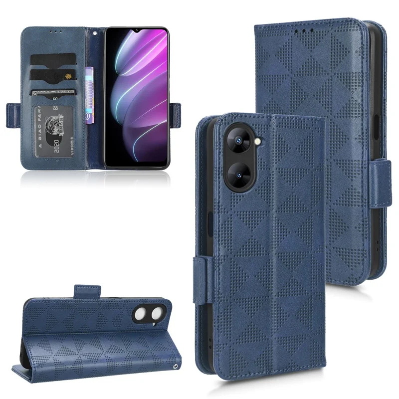 For Realme V30t / V30 5G Shockproof PU Leather Phone Case Imprinted Triangle Stand Wallet Cover - Blue