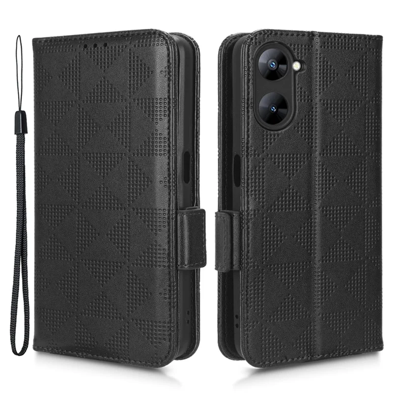 For Realme V30t / V30 5G Shockproof PU Leather Phone Case Imprinted Triangle Stand Wallet Cover - Black