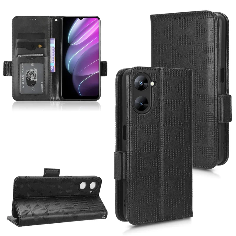 For Realme V30t / V30 5G Shockproof PU Leather Phone Case Imprinted Triangle Stand Wallet Cover - Black