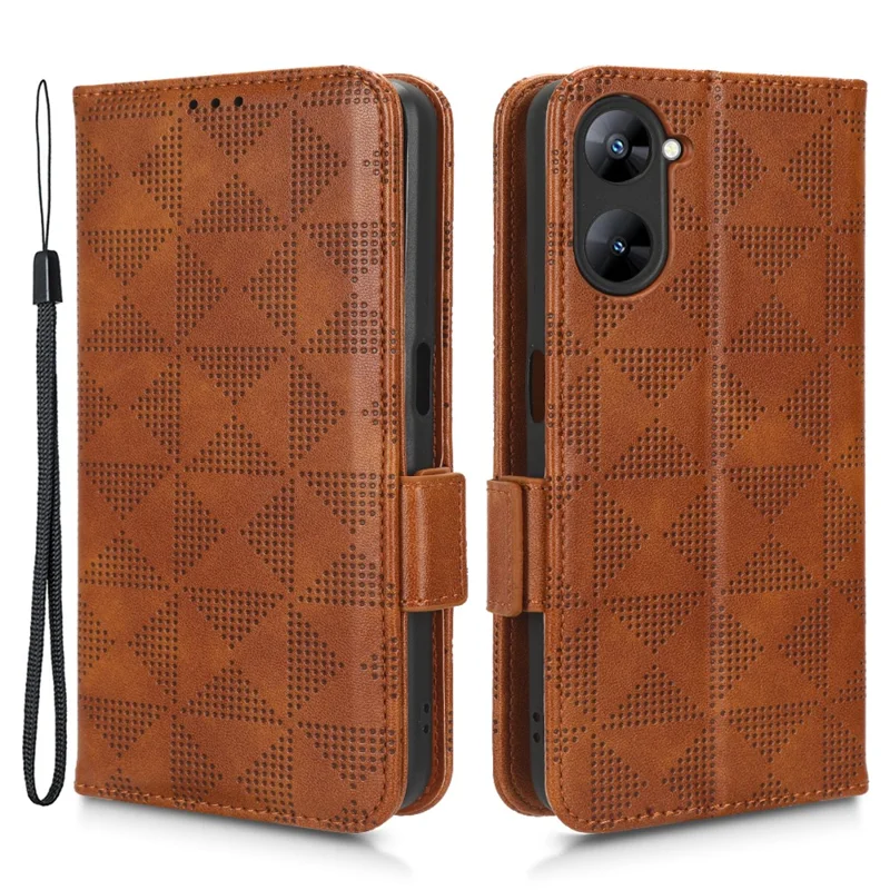 غطاء هاتف مقاوم للصدمات من جلد PU لـ Realme V30t / V30 5G بغطاء محفظة وحامل بنمط مثلث - بني