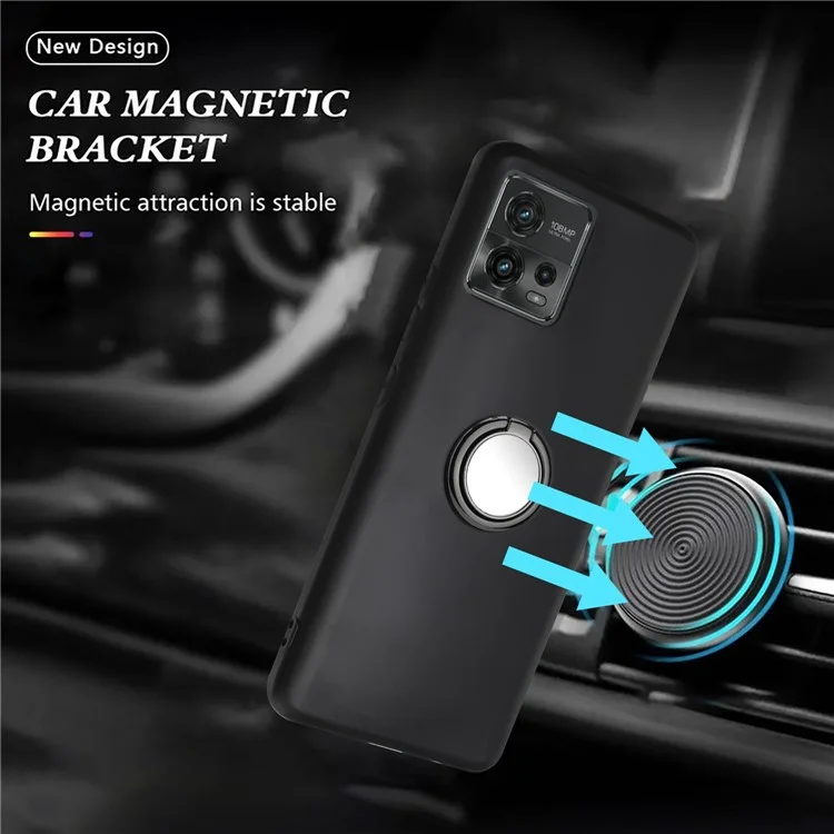Para Motorola Moto G72 4G Funda de teléfono con textura mate TPU Anillo Soporte Protectora Soporte Montaje magnético - Negro