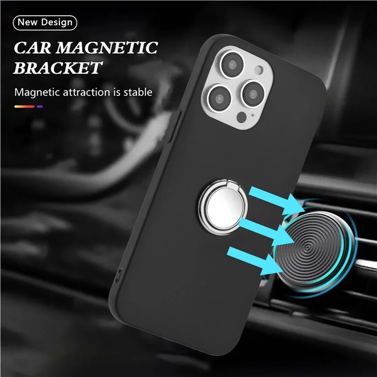 Cellphone Cover for iPhone 14 Pro Ring Kickstand Matte TPU Phone Case Support Car Magnet Mount - Silver