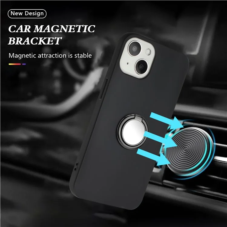 Pour iPhone 14 Ring Kickstand Matte Anti-scratch TPU Cover Phone Case Support Car Magnet Mount - Noir