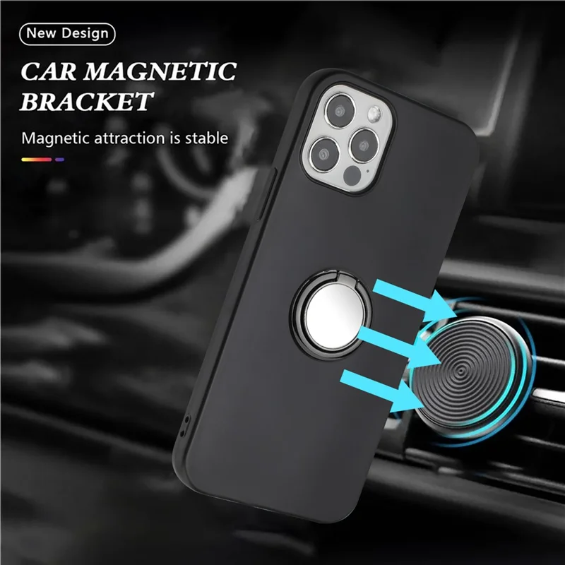 Mobile Phone Shell for iPhone 12 / 12 Pro 6.1 inch Ring Holder Kickstand Matte TPU Cover Support Car Magnet Mount - Black