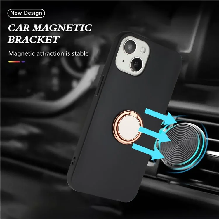 For iPhone 14 Plus Anti-drop Frosted TPU Cover Ring Holder Kickstand Soft Mobile Phone Shell - Rose Gold