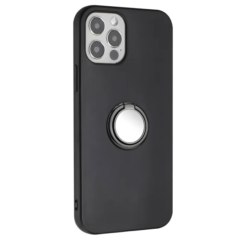 För iPhone 12 Pro Max 6,7 tum matt skal, TPU-hölje med ringhållare och ställfot - Svart