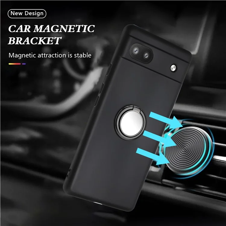 Pour Google Pixel 6a Matte Texture Flexible TPU Phone Case Ring Kickstand Cover Support Car Magnet Mount - Noir
