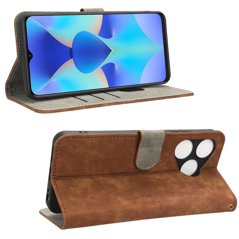 RFID Blocking Wallet Cover for TECNO Spark 10 , Phone Stand Anti-Scratch PU Leather Cell Phone Case with Strap - Brown