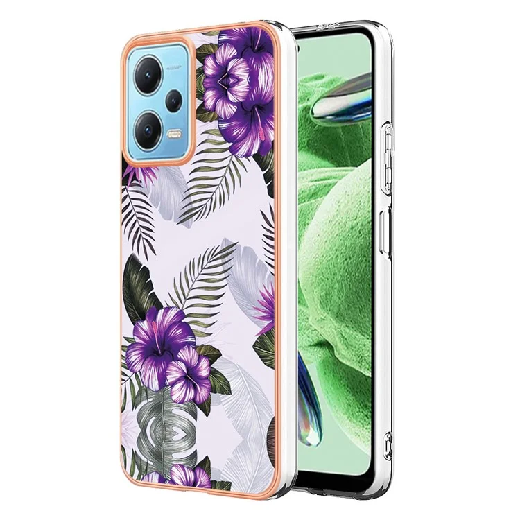 YB IMD Series-1 pour Xiaomi Redmi Note 12 5G (Chine) / (Inde) / (Global) / Poco X5 5G Coque de téléphone en métal électrolytique avec motif floral de marbre TPU IMD - Fleur violette