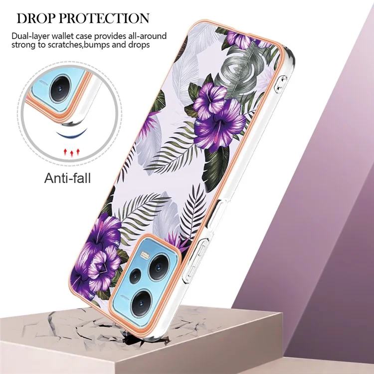 YB IMD Series-1 pour Xiaomi Redmi Note 12 5G (Chine) / (Inde) / (Global) / Poco X5 5G Coque de téléphone en métal électrolytique avec motif floral de marbre TPU IMD - Fleur violette