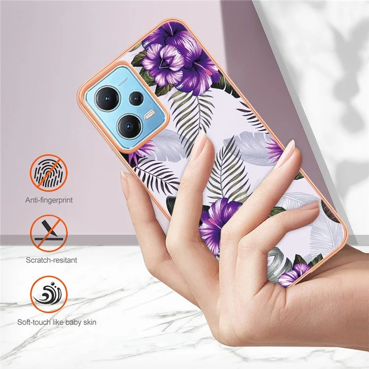 YB IMD Series-1 pour Xiaomi Redmi Note 12 5G (Chine) / (Inde) / (Global) / Poco X5 5G Coque de téléphone en métal électrolytique avec motif floral de marbre TPU IMD - Fleur violette