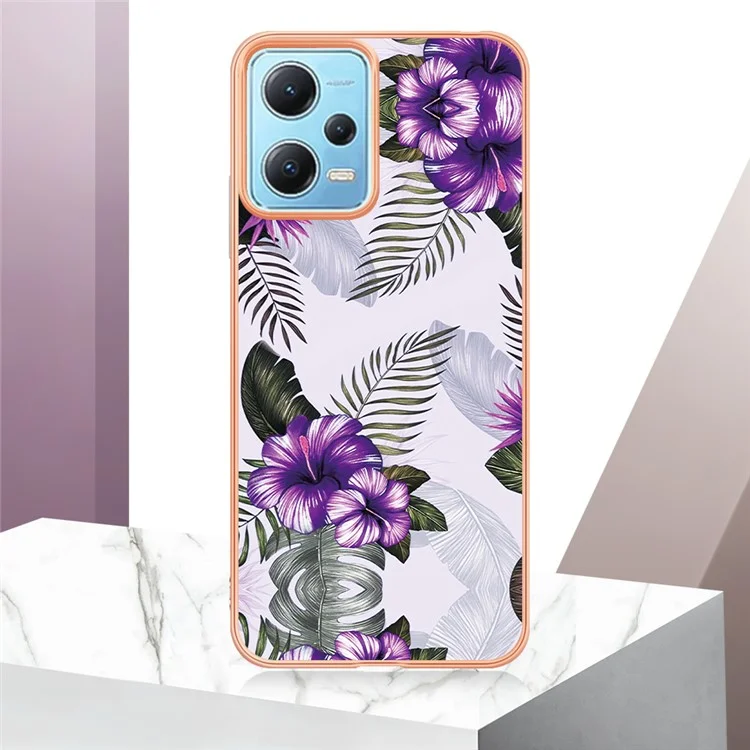 YB IMD Series-1 pour Xiaomi Redmi Note 12 5G (Chine) / (Inde) / (Global) / Poco X5 5G Coque de téléphone en métal électrolytique avec motif floral de marbre TPU IMD - Fleur violette