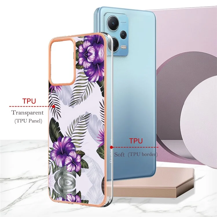 YB IMD Series-1 pour Xiaomi Redmi Note 12 5G (Chine) / (Inde) / (Global) / Poco X5 5G Coque de téléphone en métal électrolytique avec motif floral de marbre TPU IMD - Fleur violette