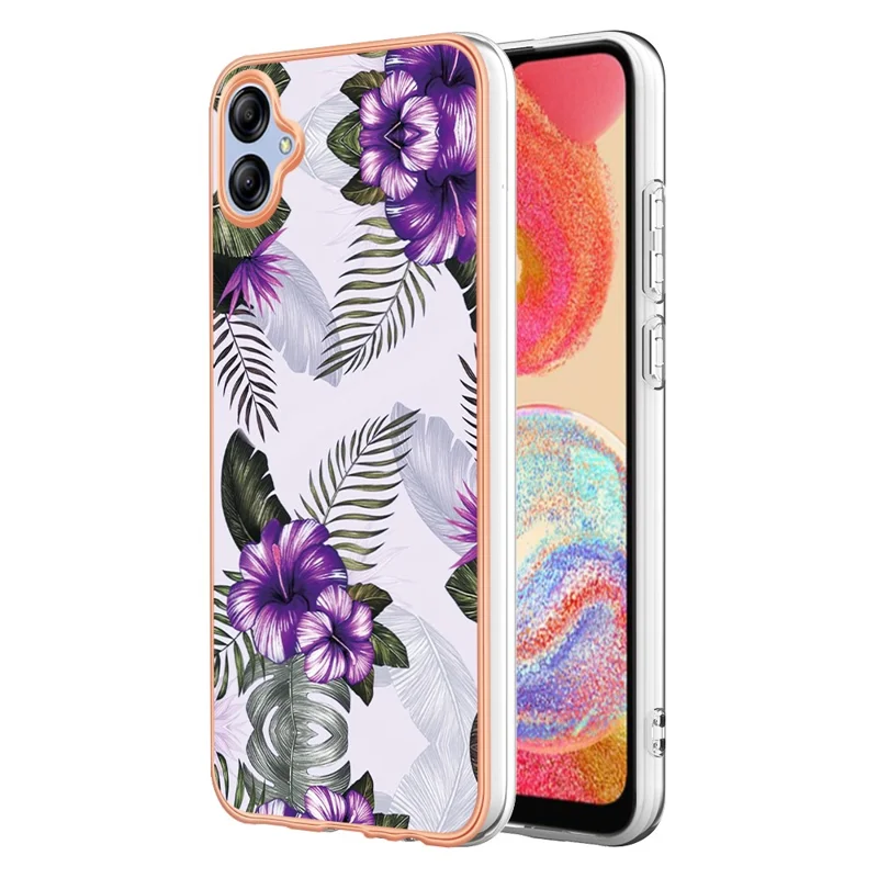 YB IMD Series-1 per Samsung Galaxy A04e 4G / F04 4G / M04 4G IMD TPU Phone Case Electroplating Marble Floral Pattern Cover - Purple Flower