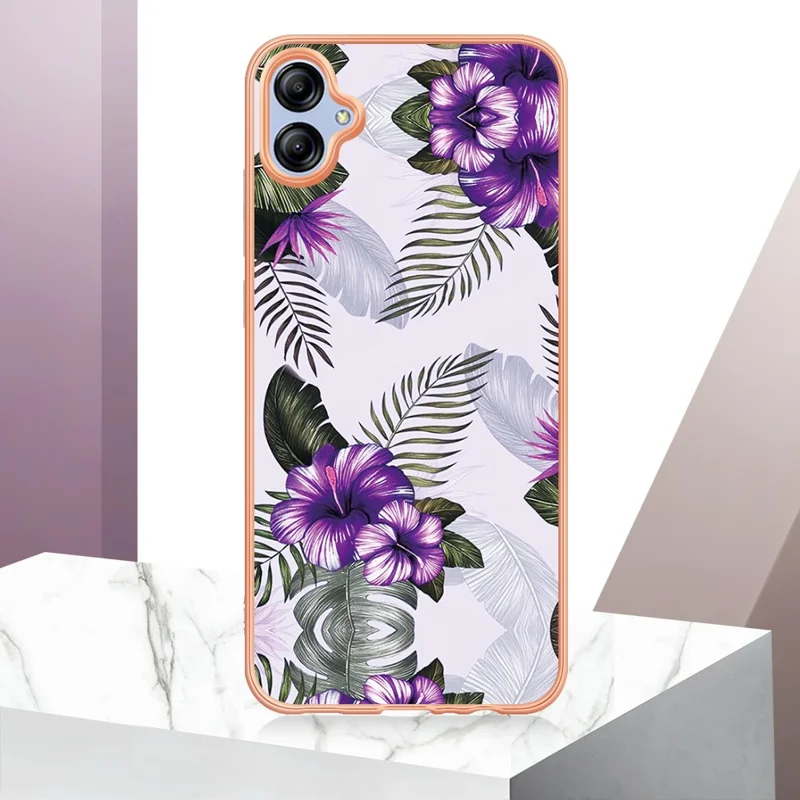 YB IMD Series-1 per Samsung Galaxy A04e 4G / F04 4G / M04 4G IMD TPU Phone Case Electroplating Marble Floral Pattern Cover - Purple Flower