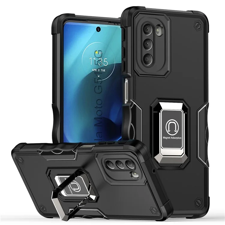 Für Motorola Moto G51 5G Ring Kickstand Handyhülle PC+TPU Kratzfeste Abdeckung - Schwarz