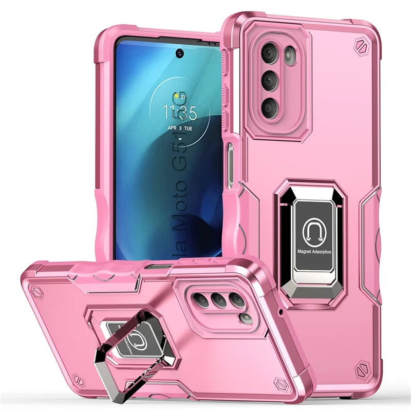 For Motorola Moto G51 5G Ring Kickstand Mobile Phone Case PC+TPU Anti-Scratch Cover - Pink