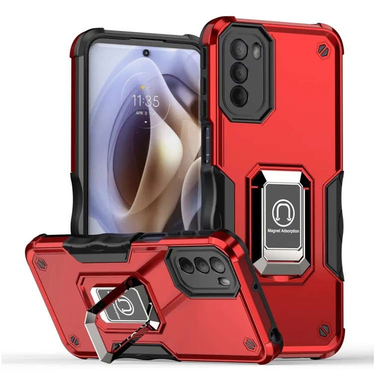 For Motorola Moto G31 4G PC+TPU Hybrid Shockproof Phone Case Cover with Ring Kickstand Support Magnet Mount - Red