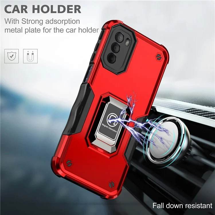 For Motorola Moto G31 4G PC+TPU Hybrid Shockproof Phone Case Cover with Ring Kickstand Support Magnet Mount - Red