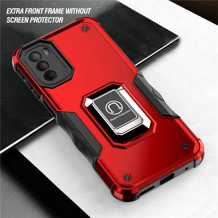 For Motorola Moto G31 4G PC+TPU Hybrid Shockproof Phone Case Cover with Ring Kickstand Support Magnet Mount - Red