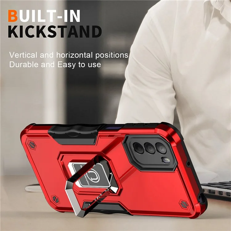 For Motorola Moto G31 4G PC+TPU Hybrid Shockproof Phone Case Cover with Ring Kickstand Support Magnet Mount - Red