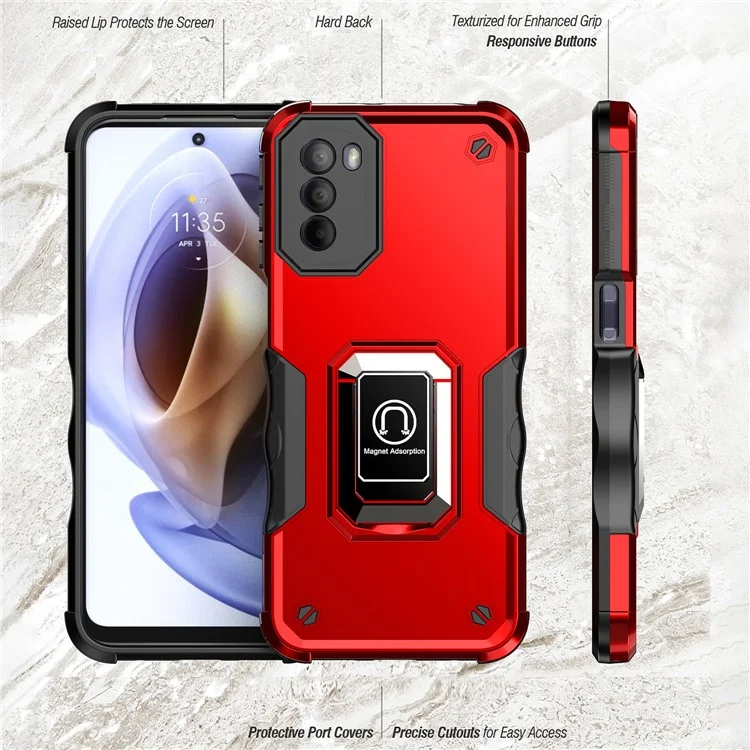 For Motorola Moto G31 4G PC+TPU Hybrid Shockproof Phone Case Cover with Ring Kickstand Support Magnet Mount - Red