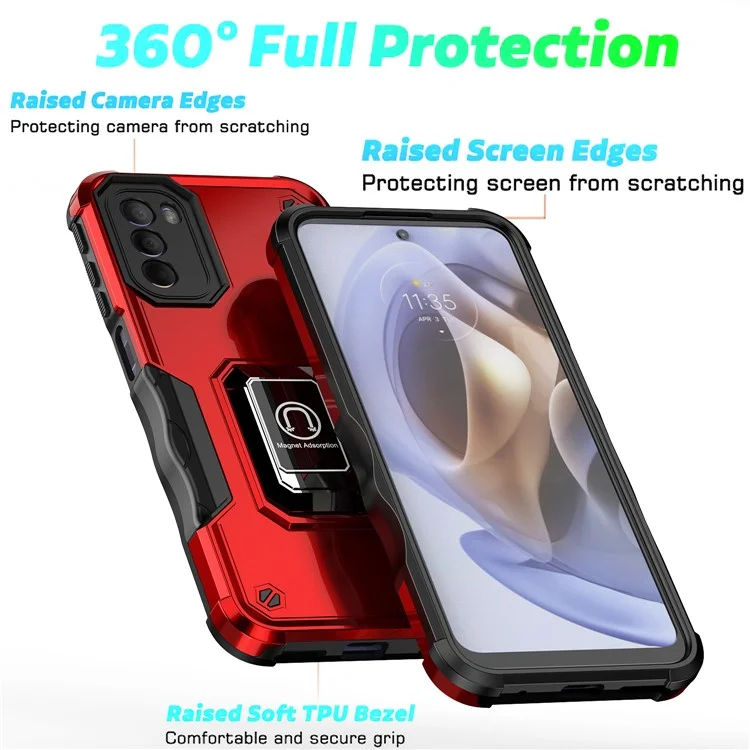 For Motorola Moto G31 4G PC+TPU Hybrid Shockproof Phone Case Cover with Ring Kickstand Support Magnet Mount - Red