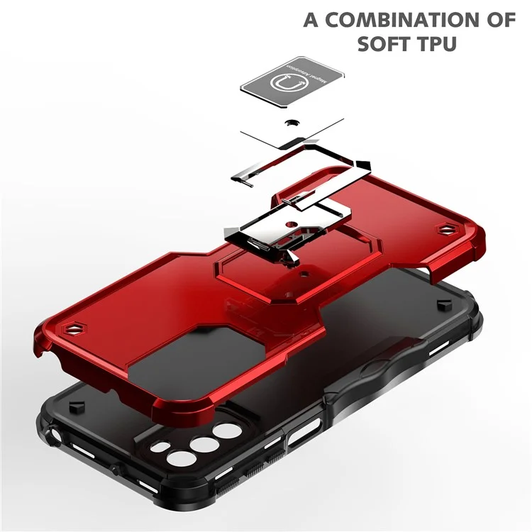 For Motorola Moto G31 4G PC+TPU Hybrid Shockproof Phone Case Cover with Ring Kickstand Support Magnet Mount - Red