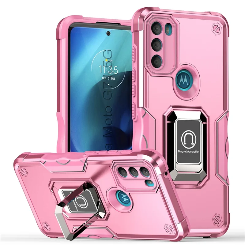 For Motorola Moto G71 5G Kickstand Phone Case Dual Layer Hybrid PC+TPU Anti-Fall Cover - Pink
