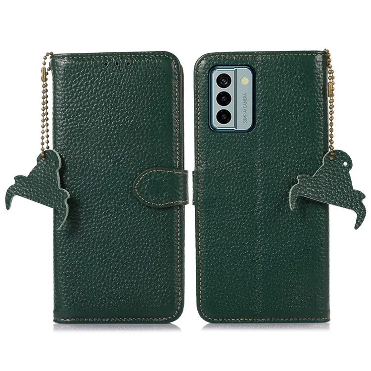 For Nokia G22 Litchi Texture RFID Blocking Phone Wallet Case Genuine Cow Leather Stand Cover - Verde