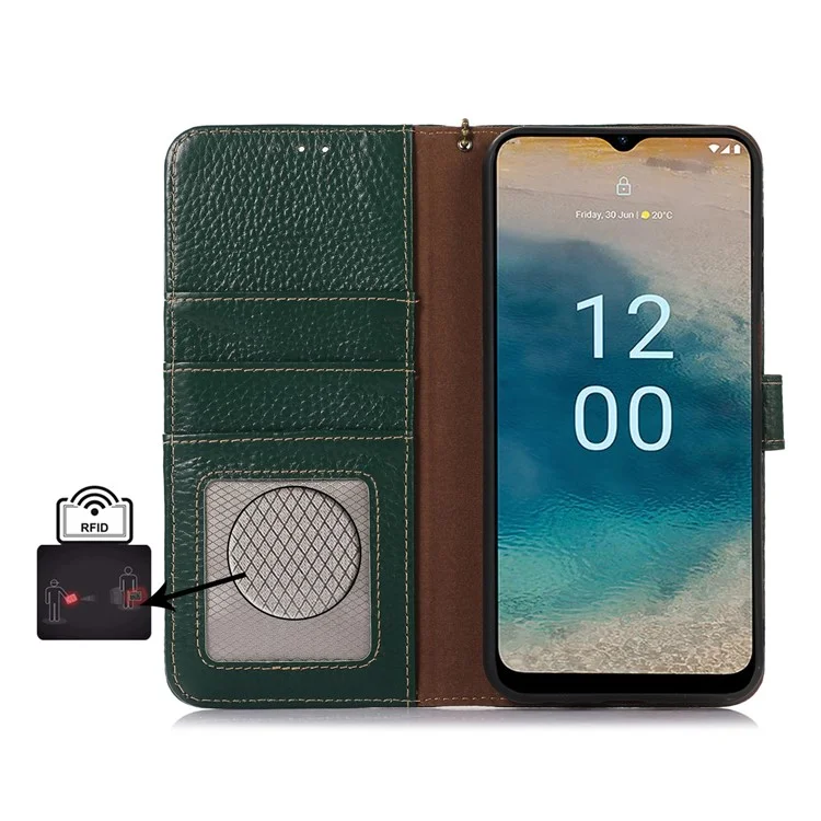 For Nokia G22 Litchi Texture RFID Blocking Phone Wallet Case Genuine Cow Leather Stand Cover - Verde