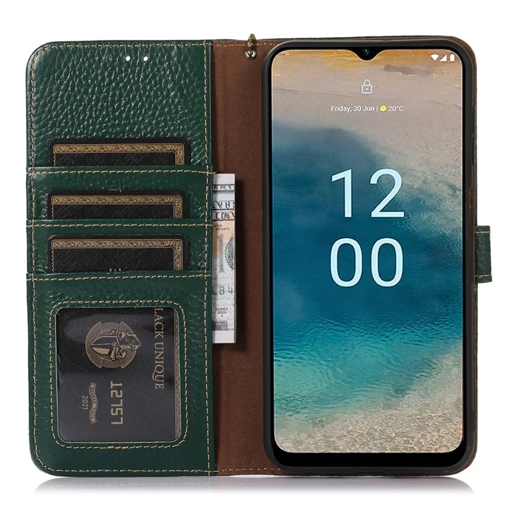 For Nokia G22 Litchi Texture RFID Blocking Phone Wallet Case Genuine Cow Leather Stand Cover - Verde