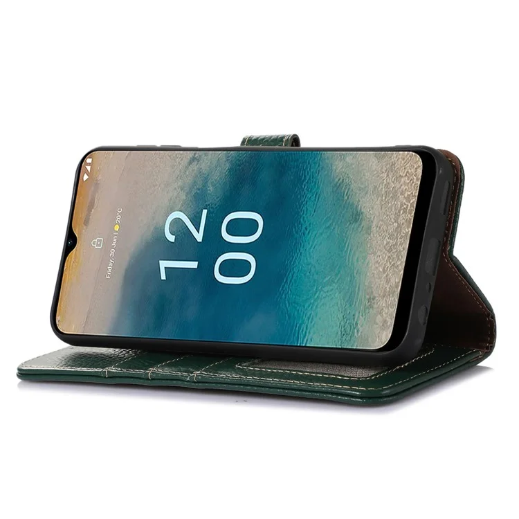 For Nokia G22 Litchi Texture RFID Blocking Phone Wallet Case Genuine Cow Leather Stand Cover - Verde