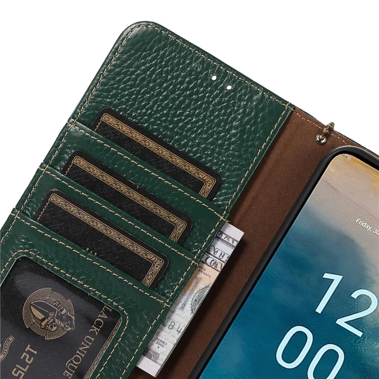 For Nokia G22 Litchi Texture RFID Blocking Phone Wallet Case Genuine Cow Leather Stand Cover - Verde