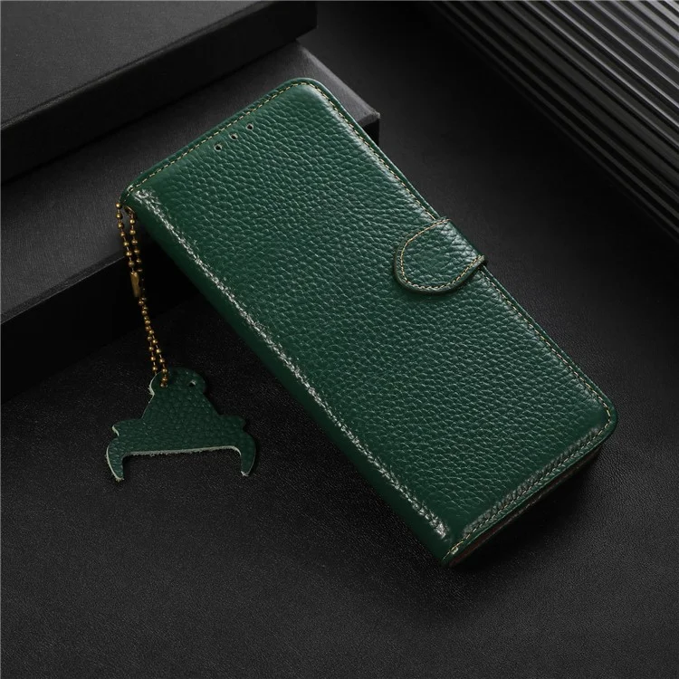 For Nokia G22 Litchi Texture RFID Blocking Phone Wallet Case Genuine Cow Leather Stand Cover - Verde