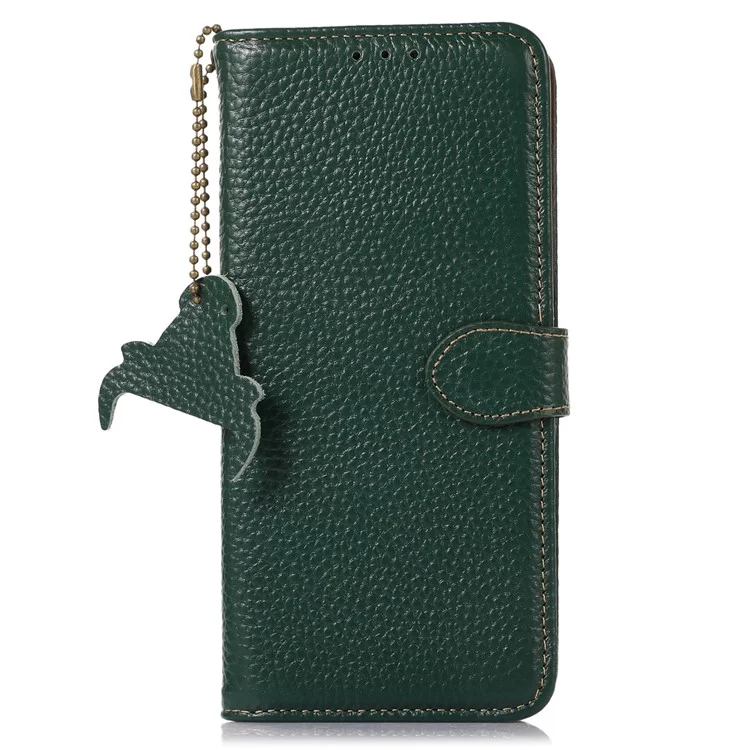For Nokia G22 Litchi Texture RFID Blocking Phone Wallet Case Genuine Cow Leather Stand Cover - Verde