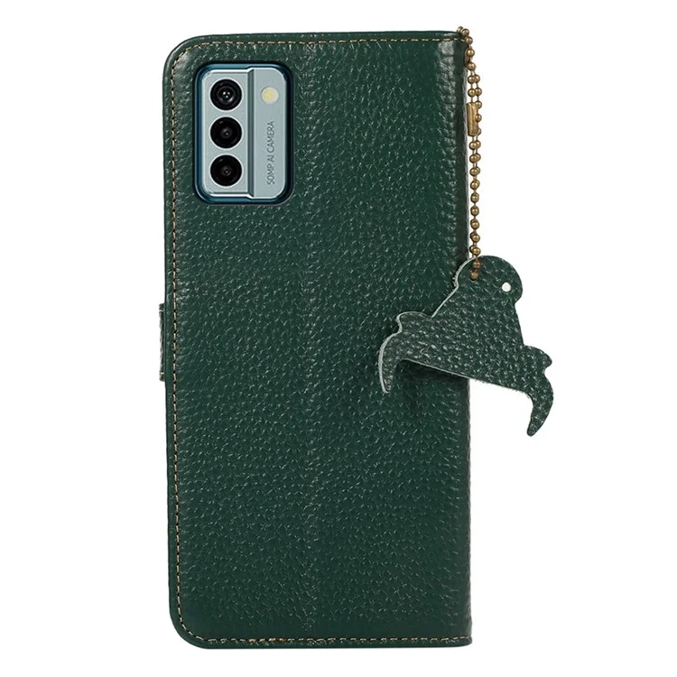 For Nokia G22 Litchi Texture RFID Blocking Phone Wallet Case Genuine Cow Leather Stand Cover - Verde