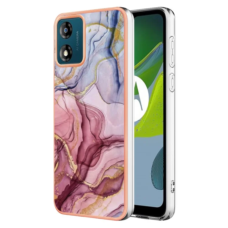 TPU Phone Case for Motorola Moto E13 4G , YB IMD Series-16 Style E Marble Pattern 2.0mm Electroplating IMD Phone Cover - Rose Gold