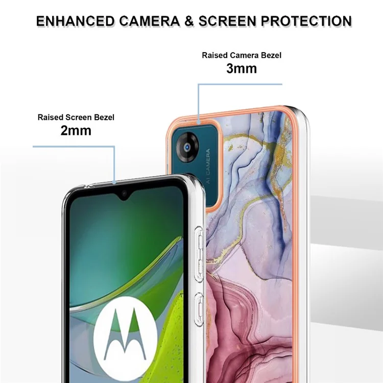 TPU Phone Case for Motorola Moto E13 4G , YB IMD Series-16 Style E Marble Pattern 2.0mm Electroplating IMD Phone Cover - Rose Gold