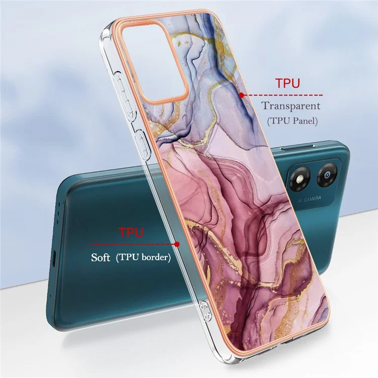 TPU Phone Case for Motorola Moto E13 4G , YB IMD Series-16 Style E Marble Pattern 2.0mm Electroplating IMD Phone Cover - Rose Gold
