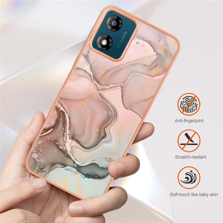 TPU Phone Case for Motorola Moto E13 4G , YB IMD Series-16 Style E Marble Pattern 2.0mm Electroplating IMD Phone Cover - Rose Gold