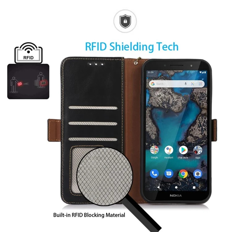 Pour Nokia G22 Genuine Cowhide Leather Phone Case RFID Blocking Wallet Stand Cover - Noir