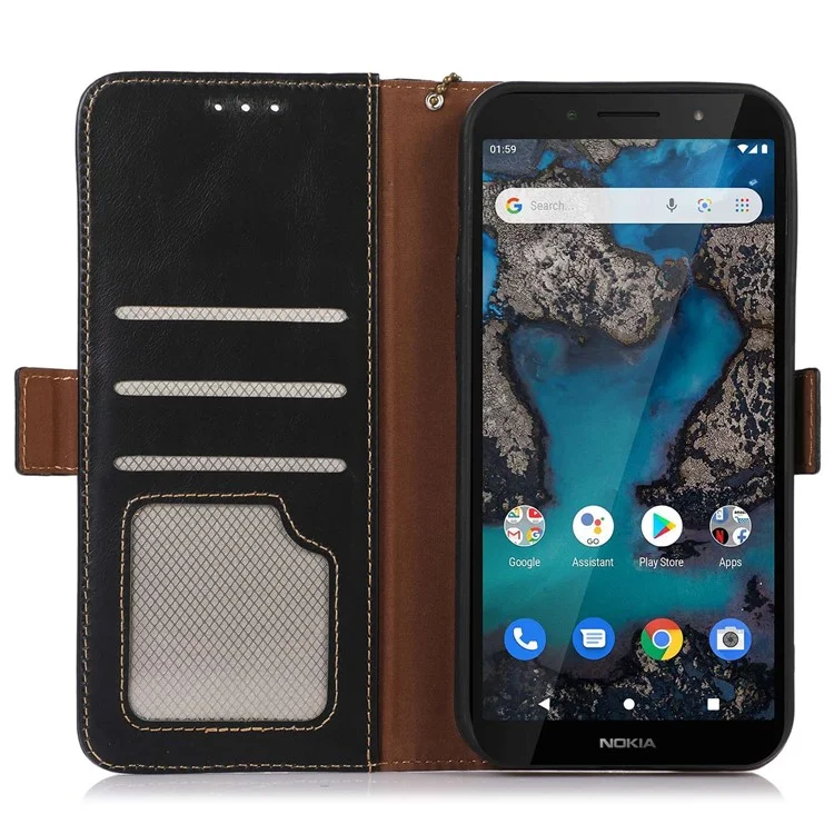Pour Nokia G22 Genuine Cowhide Leather Phone Case RFID Blocking Wallet Stand Cover - Noir