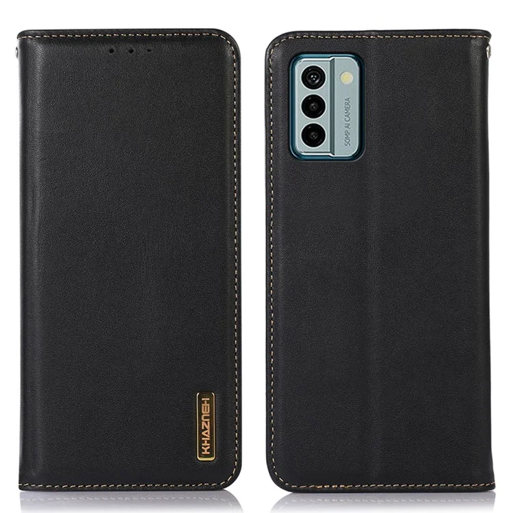 KHAZNEH Para Nokia G22 Flip Stand Phone Case RFID Blocking Wallet Genuine Cow Leather Phone Cover - Preto