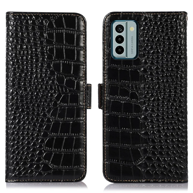 For Nokia G22 RFID Blocking Wallet Phone Case Crocodile Texture Genuine Cow Leather Stand Cover - Black